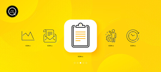 Fototapeta na wymiar Employee, Clipboard and Time change minimal line icons. Yellow abstract background. Mail newsletter, Line chart icons. For web, application, printing. Cogwheel, Survey document, Clock. Vector