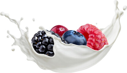 Forest berries with milk splash isolated 