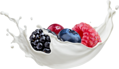 Forest berries with milk splash isolated 