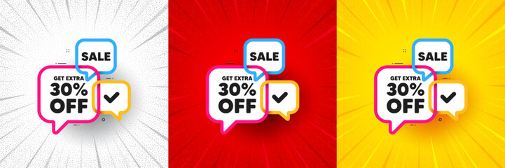 Sale 30 percent banner. Flash offer banner, coupon or poster. Discount sticker shape. Coupon bubbles icon. Sale 30 promo banner. Retail marketing flyer. Starburst pop art. Vector