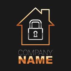 Line House under protection icon isolated on black background. Home and lock. Protection, safety, security, protect, defense concept. Colorful outline concept. Vector