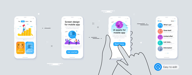 Set of Credit card, Crown and Difficult stress line icons. Phone ui interface. Include Bitcoin project, Business growth, Cash icons. Report, Sallary, Check investment web elements. Vector