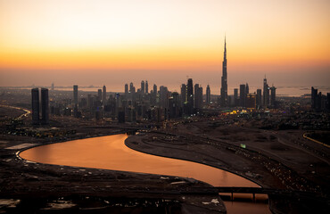 Obraz na płótnie Canvas Aerial sunset Dubai Water canal Persian Gulf UAE