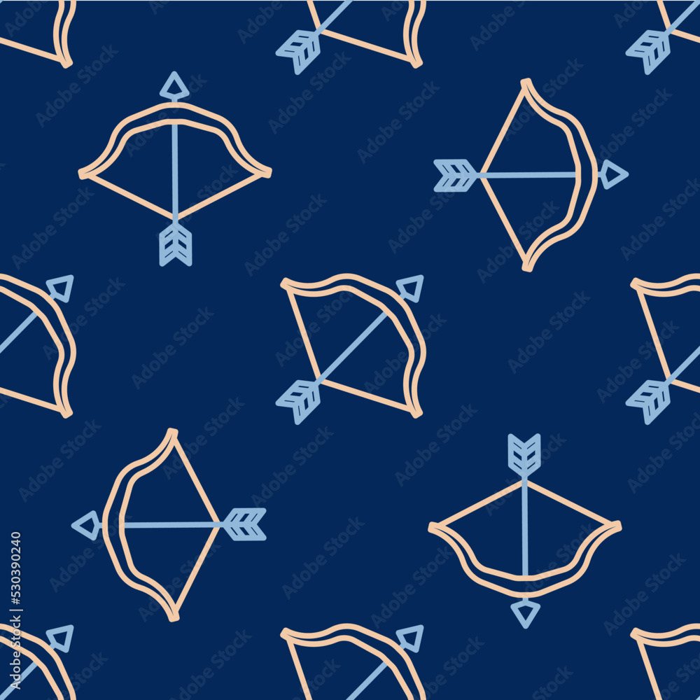 Poster line medieval bow and arrow icon isolated seamless pattern on blue background. medieval weapon. vect
