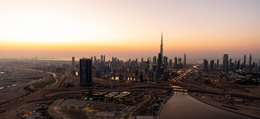 Aerial Dubai landscape view sunset Dubai Water canal