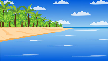 Vector cartoon style background of paradise sea shore. Good sunny day. Tropical island and ocean panorama with palm trees on the sides.