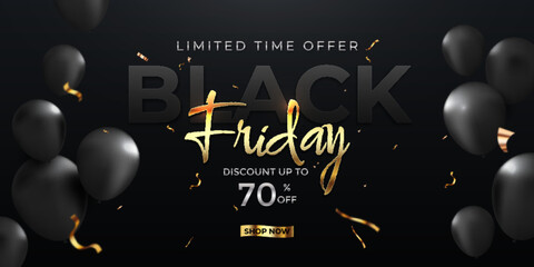 Fototapeta na wymiar Black Friday sale advertising banner design with 3d stylized gold color letters and glossy balloons