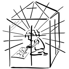 child sitting in a transparent house made of glass with a cross, draws the sun and shines through the windows with kindness and love