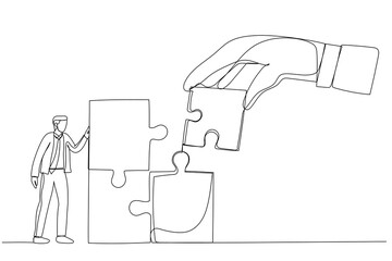 Drawing of giant hand connect last jigsaw puzzle to office businessman worker. Metaphor for team building, leadership, teamwork, business partner. Single line art style