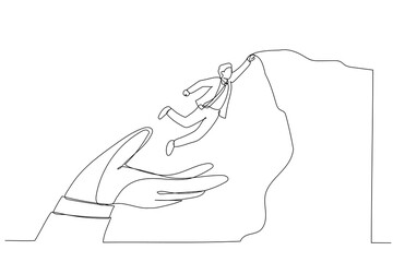 Cartoon of confidence businessman jumping from helping giant hand to reach cliff target. Metaphor for business support to success. Single continuous line art style