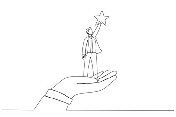 Drawing of giant hand helping a businessman to reach out for the stars. Single line art style