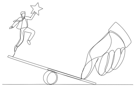 Illustration of giant thumb helping businessman to jump on seesaw. One line art style