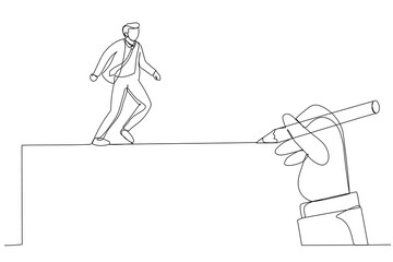 Drawing of giant hand draws a road for the businessman to walk. Single line art style