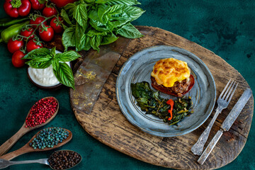 Meatball with potatoes puree and cheese. Turkish Food Hasanpasa Kofte 