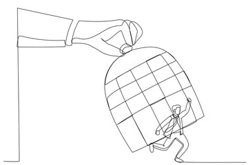 Drawing of giant hand capturing a running businessman with birdcage. Single line art style