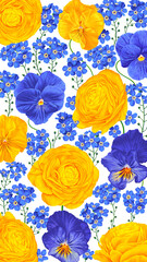 Vertical vector floral background in colors of Ukrainian flag. Realistic botanical illustration with blue and yellow flowers, pansies and buttercups (Ranunculus) for social networks, phone wallpaper