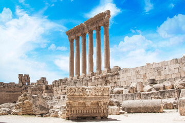 Beautiful view of the Massive columns of the Temple of Jupiter in the ancient city of Baalbek,...