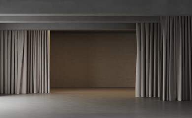 Empty concrete concert stage for performances or product presentations with lighting and gray curtains to the floor, 3d render, illustration for layout
