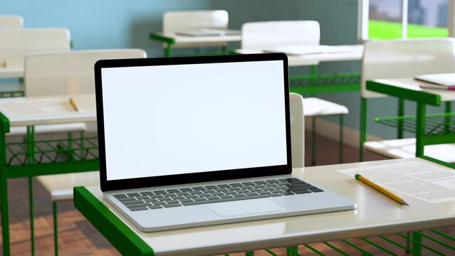 Modern laptop with white blank screen placed on desk against classroom at school. 3d animation