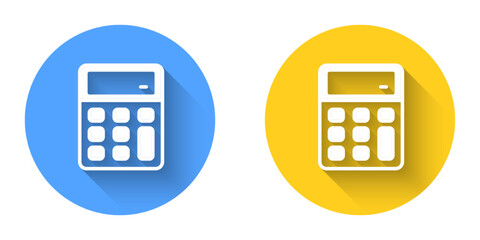 White Calculator icon isolated with long shadow background. Accounting symbol. Business calculations mathematics education and finance. Circle button. Vector