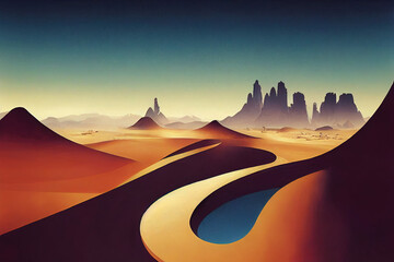 Oasis. Sand Road and Mountains. Sahara Desert. Fantasy Backdrop. Concept Art. Realistic Illustration Video Game Background Digital Painting CG Artwork Scenery Artwork. Book Illustration
