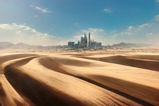 Futuristic Arab Desert City with Tall Skyscraper Buildings. Fantasy Backdrop. Concept Art. Realistic Illustration Video Game Background Digital Painting CG Artwork Scenery Artwork. Book Illustration
