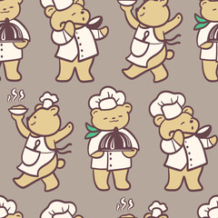 Bear is a chef. Seamless pattern in cartoon style.