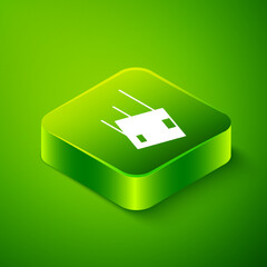 Obraz premium Isometric Location with cardboard box icon isolated on green background. Delivery services, logistic and transportation, distribution. Green square button. Vector