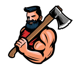 Muscular bearded lumberjack with big ax in hand. Warrior or viking with battle axe emblem. Mascot vector illustration