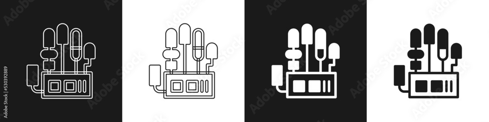 Poster set mechanical robot hand icon isolated on black and white background. robotic arm symbol. technolog