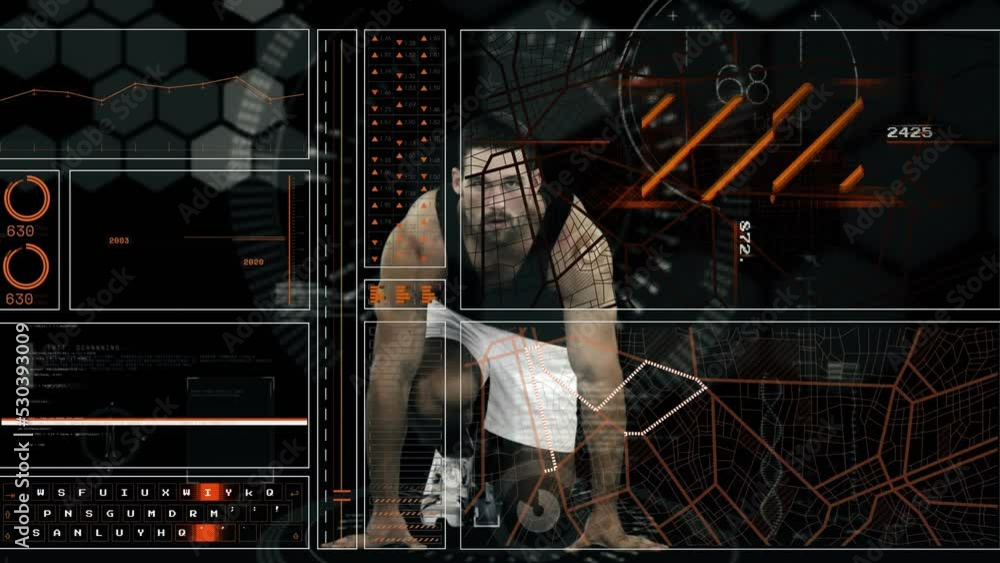 Aufkleber animation of data processing over hacker with computer