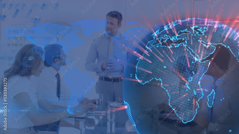 Poster animation of globe with network of connections over businessman using computer in office