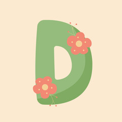 Cute Colored D letter with flowers. Hand drawing font for name postcard design.