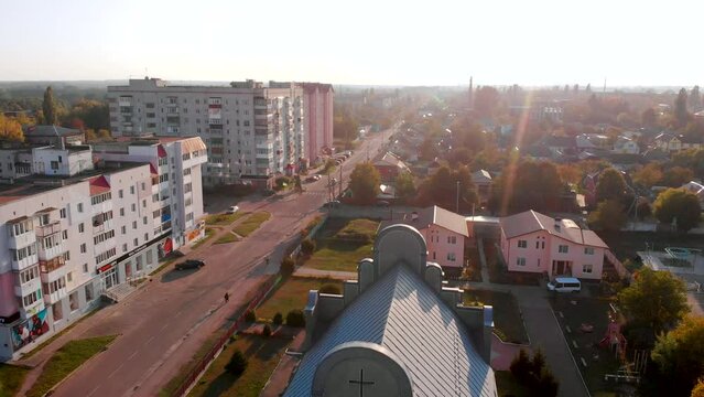 Aerial view. Morning in the city of Korosten. Zhytomyr region of Ukraine.