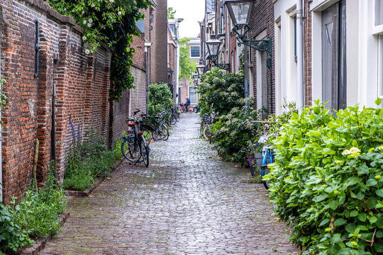 Leiden Netherlands, brick wall building, lantern, cobblestone path, parked bicycle, green plants.