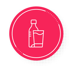 White line Bottle of water with glass icon isolated on white background. Soda aqua drink sign. Red circle button. Vector