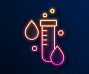 Glowing neon line Test tube with water drop icon isolated on black background. Vector