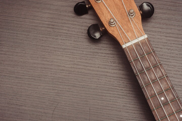 ukulele in close up, you can see the fingerboard with the four strings. Wood background.