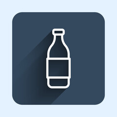 White line Bottle of wine icon isolated with long shadow background. Blue square button. Vector