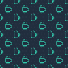 Fototapeta na wymiar Green line Coffee cup icon isolated seamless pattern on blue background. Tea cup. Hot drink coffee. Vector