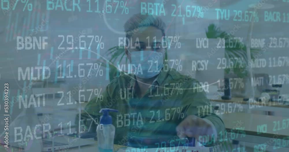 Poster animation of financial data processing over biracial businessman using smartphone