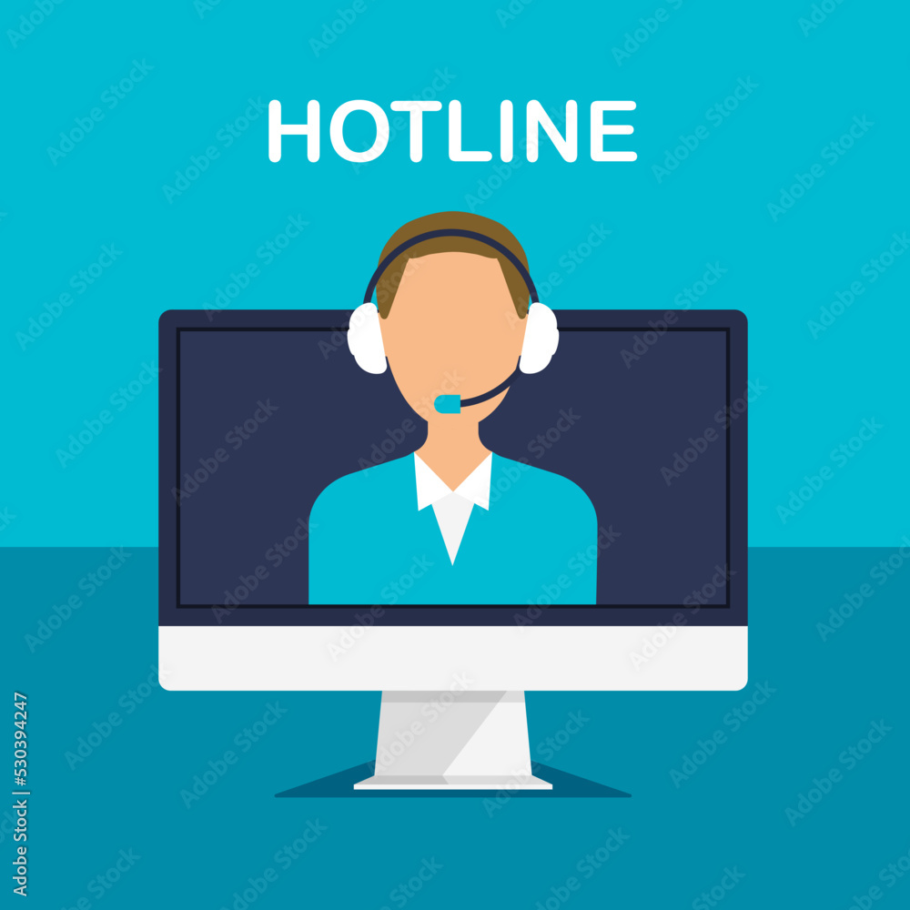 Aufkleber tech support and customer service landing concept. man with headphones and microphone on computer sc