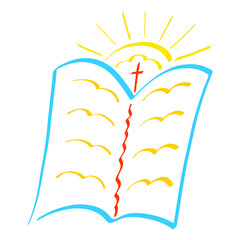 open blue Bible with text like flying birds, red cross in the shining sun above it