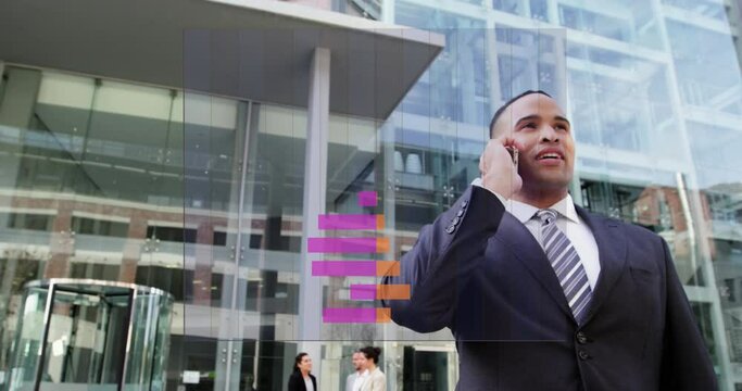 Animation of businessman handshake over modern office building