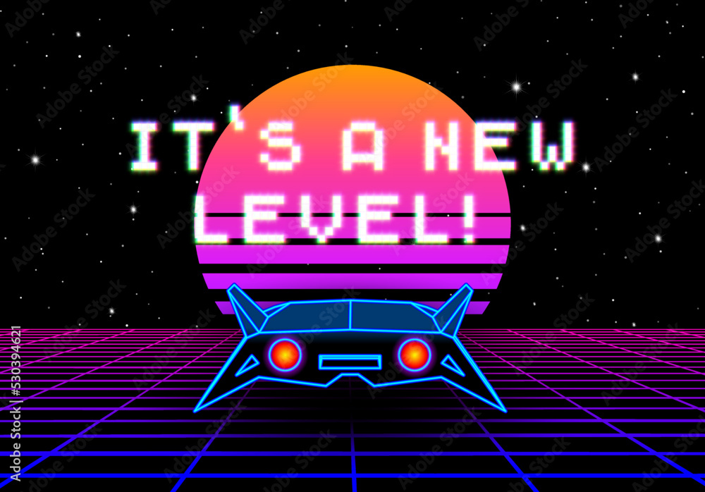 Poster Synthwave greeting card with 80s styled sun, space ship and pixel font greeting phrase. New level, grade or upgrade party flyer with retro arcade spaceship design.