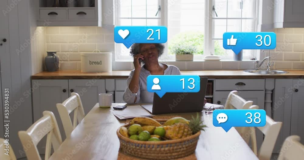 Poster animation of media icons over businessman using computer