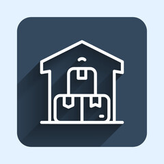 White line Full warehouse icon isolated with long shadow background. Blue square button. Vector