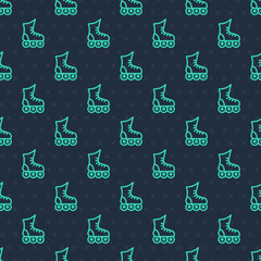 Green line Roller skate icon isolated seamless pattern on blue background. Vector