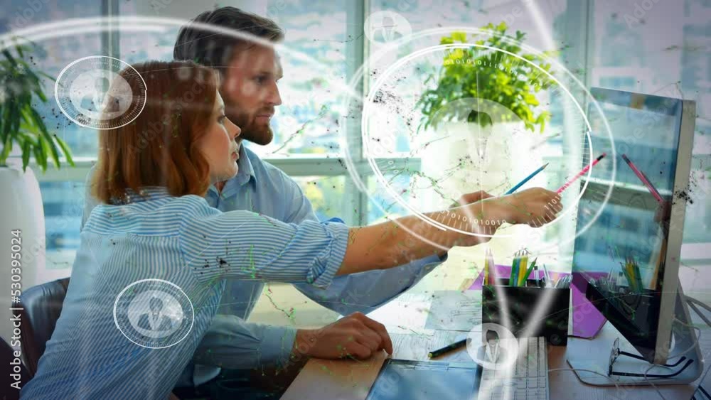 Poster animation of globe and data processing over businesswoman using smartphone