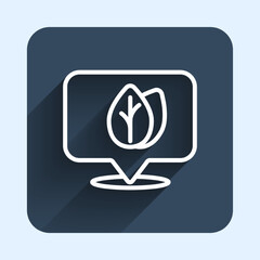 White line Location pin with leaf inside icon isolated with long shadow background. Leaves sign. Fresh natural product symbol. Blue square button. Vector
